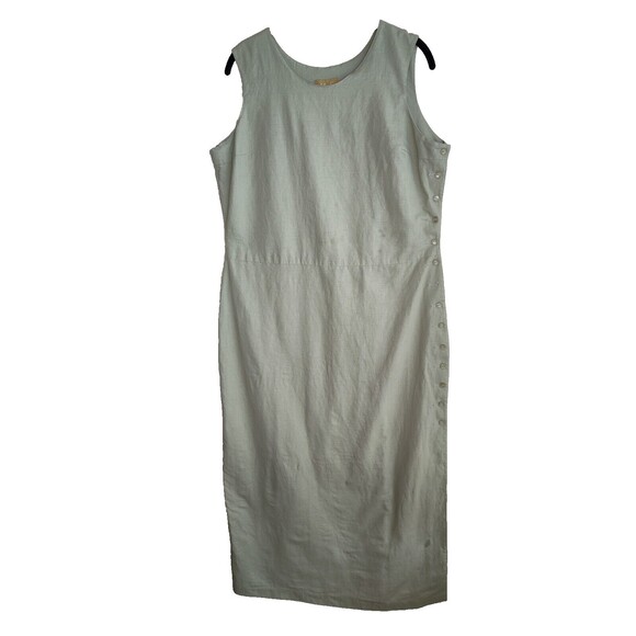 E Woman Linen Cotton Sleeveless Shirt Dress Green Shift Sz M Medium Midi Buttons - Picture 10 of 11